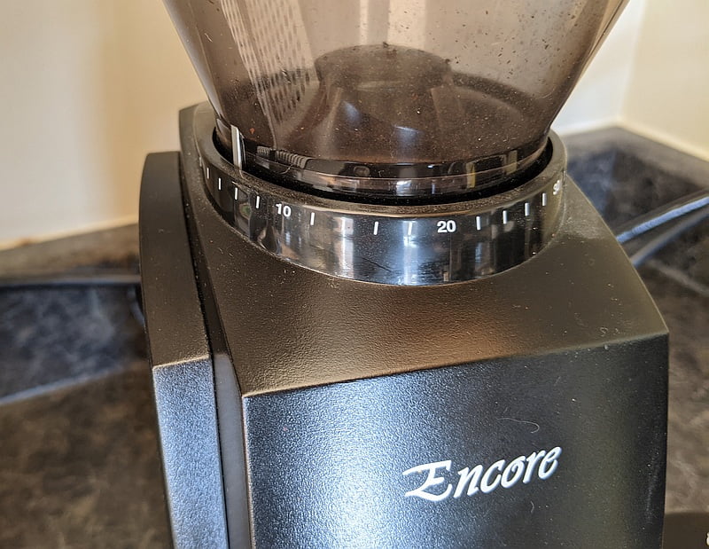 Baratza Encore coffee grinder close up of the grind size adjustments