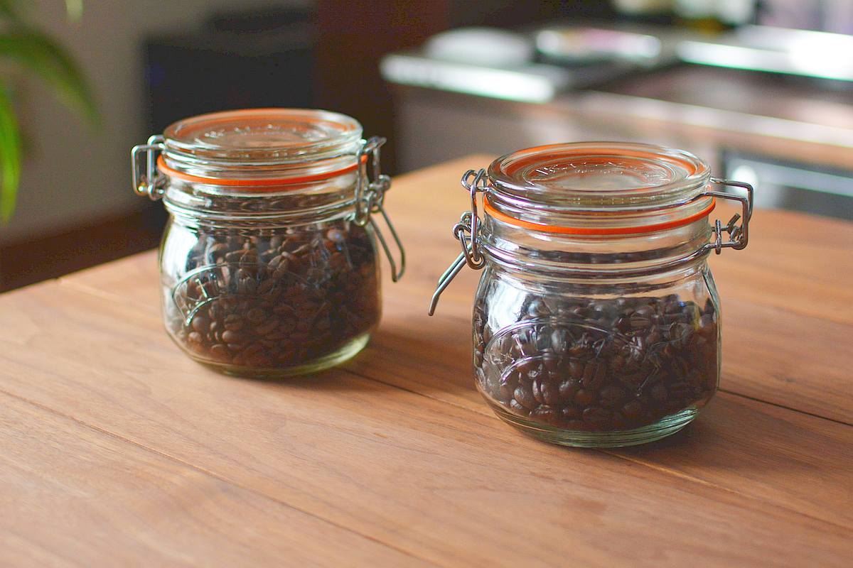 coffee beans in airtight glass jars
