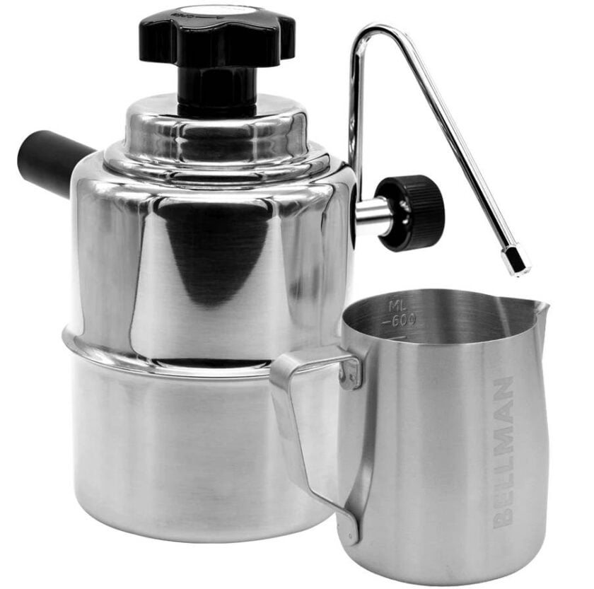 Stainless steel espresso maker and measuring cup.