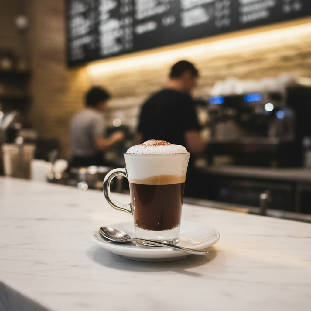Espressino with cocoa-dusted milk foam in a small glass
