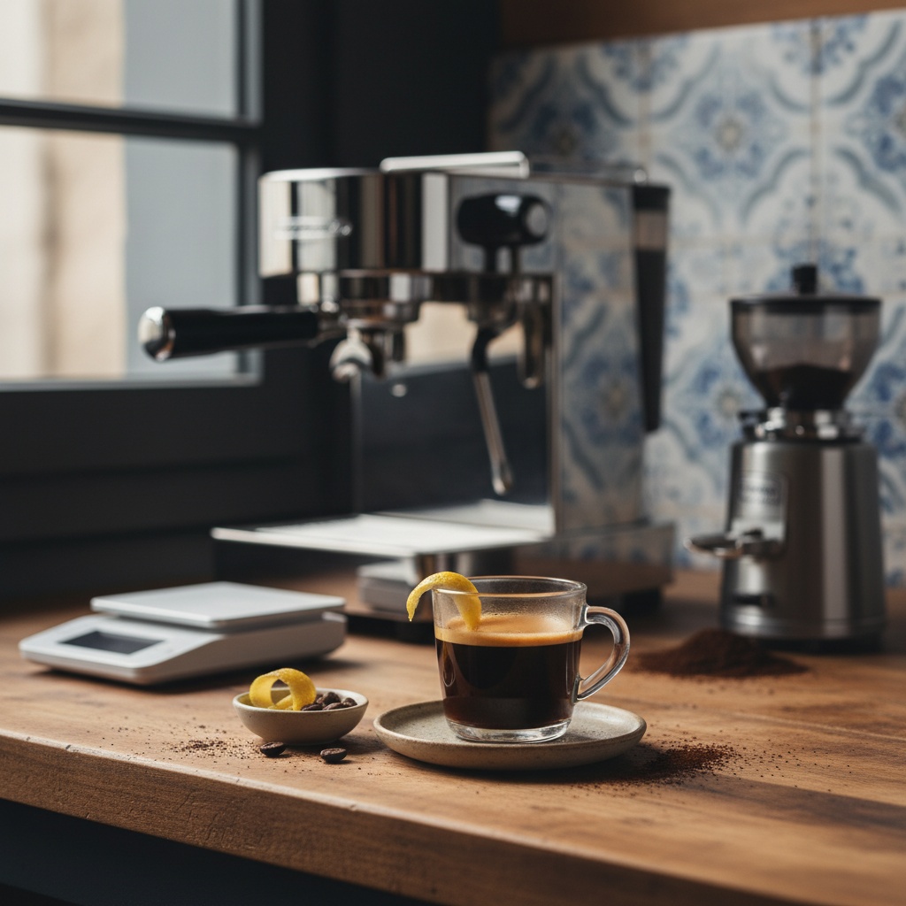 Café romano — espresso with a lemon twist in a small cup
